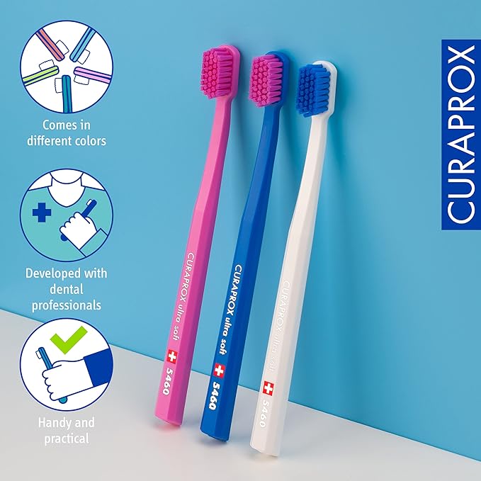 Curaprox CS 5460 Ultra-Soft Toothbrush ? for Sensitive Teeth &amp Gums | Gentle Plaque Removal | 3-Pack |Random Colour
