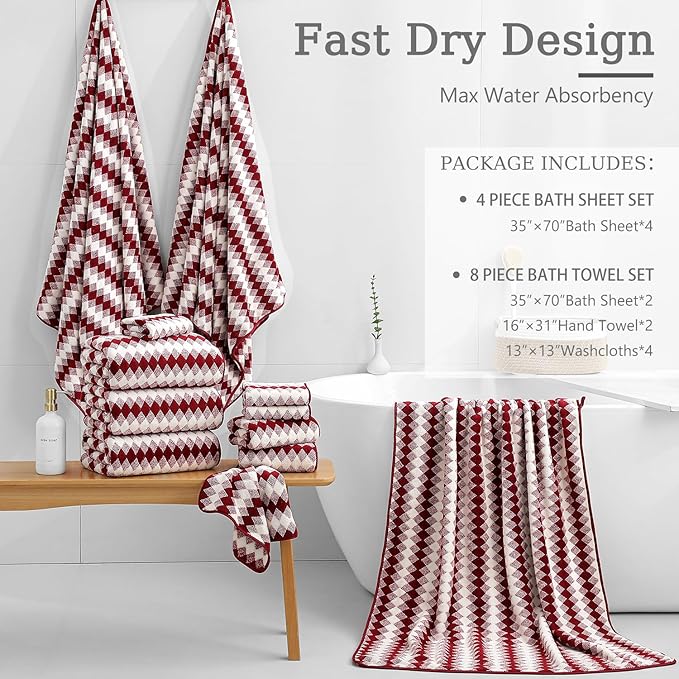 8 Piece Bathroom Towel Set |2 Oversized Bath Towels2 Hand Towels4 Washcloths| 600GSM Soft Hotel Towel Set Large Bath Sheet for BathroomHighly Absorbent Quick Dry Bath Towel CollectionsBurgundy