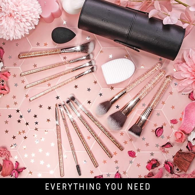 Nir? Beauty 15piece Award Winning Glitter Makeup Brushes: Cute Makeup Brushes Set with Case Beauty Blender Cleaner Guide Gift Box