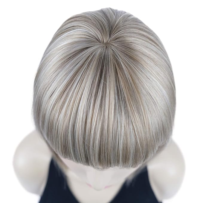 Lydell 8 Straight Short Bob Hair Flat Bangs Cute Central Dot Skin Top Heat Resistant Synthetic Wigs (H16/613 Blonde Highlighted)