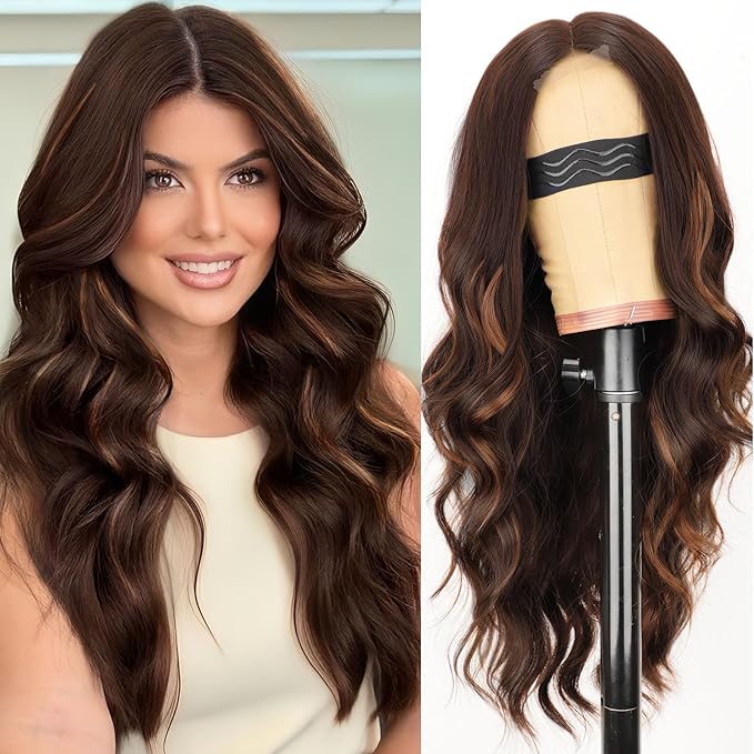 AISI HAIR Chocolate Copper Brown Mixed Light Brown Wig for Women Long Wavy Lace Hairline Middle Part Synthetic Heat Resistant Wig for Daily Party-26 Inch