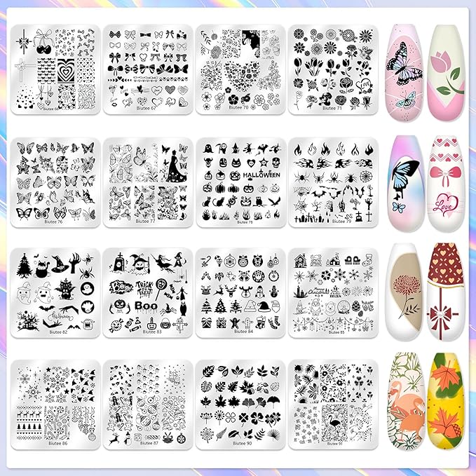 Biutee Nail Stamper Kit 16Pcs Nail Art Stamping Plate 8 Colors Stamp Polish Gel Silicone Stamper Scraper with Storage Bag Nail Stamp Plates Love Flower Butterfly Leaf Template Christmas Design Gift