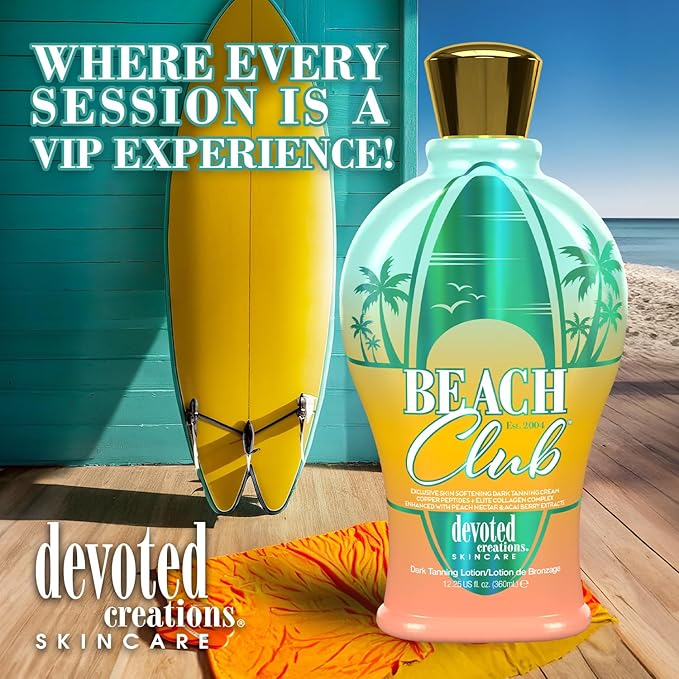 Devoted Creations Beach Club - Exclusive Skin Softening Copper Peptides + Elite Collagen Banking Complex with Peach Nectar &amp Acai Berry Extracts Indoor/Outdoor Dark Tanning Lotion
