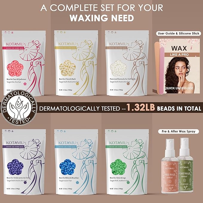 KOTAMU Hard Wax Beads 6 Packs Waxing Beads for Hair Removal- Facial Bikini Brazilian Leg Sensitive Skin Full Body- Stripless Wax Beans Kit for Coarse &amp Fine Hair Ideal for Women Men Home Salon U