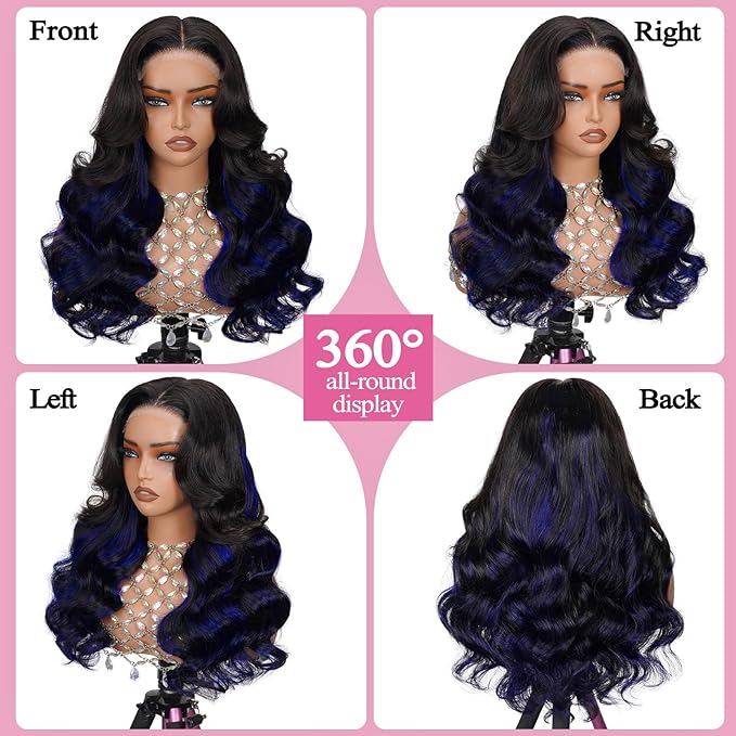 5x5 Black and Blue Colored Lace Front Wig Human Hair Highlight Dark Blue Body Wave Human Hair Lace Wig 180% Density Glueless Wig Pre Cut Ombre Blue Skunk Stripe wigs for Women Pre Plucked (18 inch)