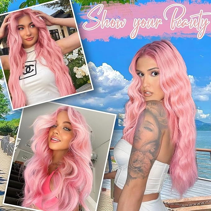AISI HAIR Pink Wig for Women Long Wavy Lace Hairline Middle Part Synthetic Wig for Daily Party-26 Inch