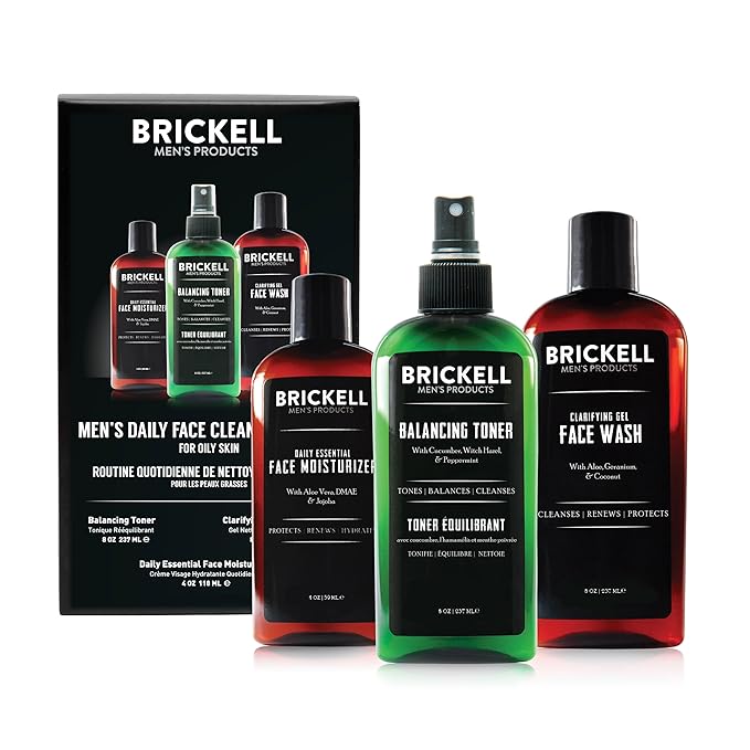 Brickell Men's Daily Face Cleanse Routine for Oily Skin Alcohol Free Toner Gel Facial Wash and Moisturizer Natural and Organic Unscented