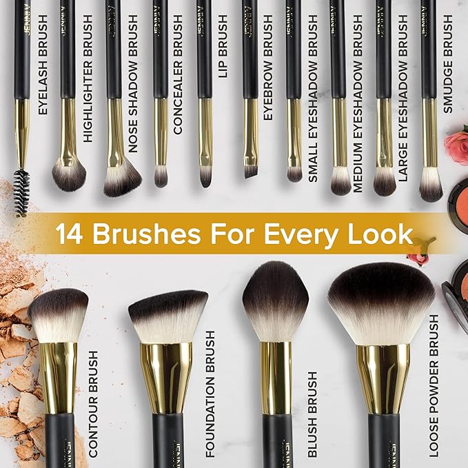 JENNI V Premium Travel Makeup Brushes Set - 14 Pc Mini Makeup Brushes with Handmade Leather Case - Portable Travel Makeup Brush Set with Holder - Travel Size Makeup Products for Blush Foundation