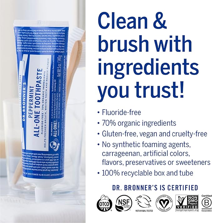 Dr. Bronner?™s - All-One Toothpaste Variety Pack - Peppermint &amp Spearmint 70% Organic Ingredients Fluoride-Free Helps Freshen Breath Vegan (5oz 4-Pack)