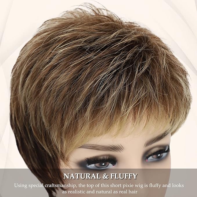 Short Pixie Wigs for White Women Natural Layered Short Brown Wigs with Blonde Highlights Synthetic Short Hair Womens Wig