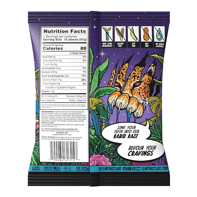SlimThicc Protein Gummies 6-Pack ? 15g Protein Each (90g Total) 88 Calories Low Sugar ? Delicious High-Protein Gluten-Free Anti-Melt Non-GMO Candy (Rabid Razz)