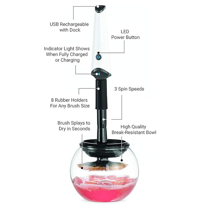 Luxe Electric Makeup Brush Cleaner Machine with Cleaning Solution - USB Charging Station Automatic Brush Washer and Dryer - 3 Adjustable Speeds for Easy Cleaning - Complete Set for Hygienic Brushes