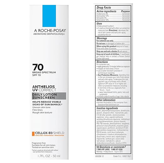 La Roche-Posay Anthelios UV Correct Sunscreen Moisturizer SPF 70 Daily Anti-Aging Face Moisturizer with Sunscreen and Niacinamide to Even Skin Tone &amp Fine Lines Sun Protection for Sensitive Skin