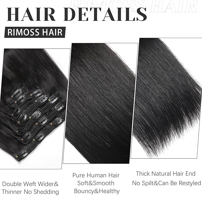 Clip in Hair Extensions Real Human Hair -140g 7pcs Jet Black - Hair Extensions Real Human Hair Clip ins Straight for Women (#1 16 Inch)