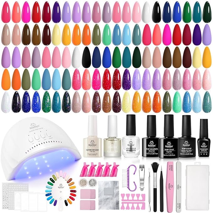 Beetles 69 Pcs Gel Nail Polish Kit with U V Light - 35 Colors Gel Polish Nail Kit with with Base &amp Glossy Top Coat Soak Off DIY Salon Beginner-friendly Manicure Nails Stuff Gifts for Women Teens G