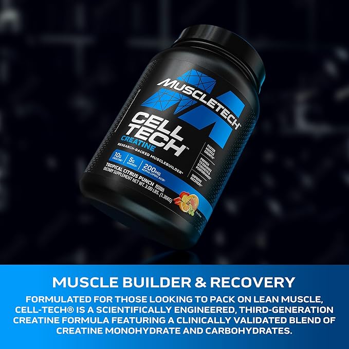 MuscleTech Creatine Monohydrate Powder - Cell-Tech Creatine Powder Post Workout Recovery Drink Muscle Builder &amp Musclebuilding Supplement - Tropical Citrus Punch 3 lbs (27 Serv) - Packaging May