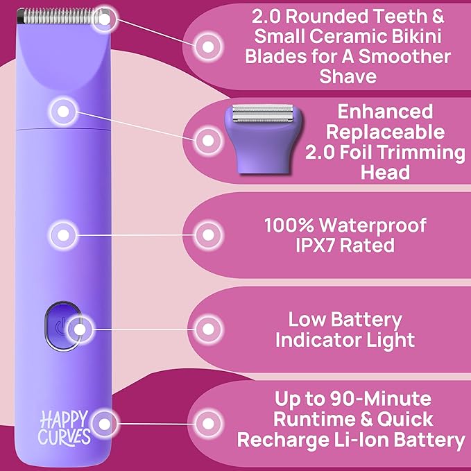 HAPPY CURVES Smoothie 2.0 Bikini Trimmer - Electric Razor for Women Waterproof Hair Groomer with Adjustable Guards Personal Shaver for Pubic Hair Ladies Intimate Shaver and Body Trimmer (Berry)