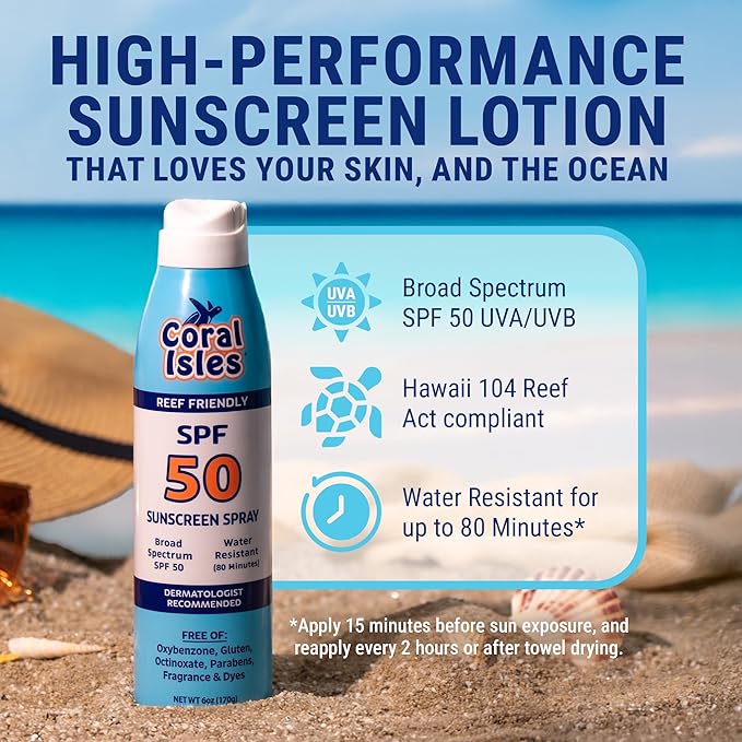 Coral Isles Sunscreen Spray SPF 50 - Hawaii Compliant - Oxybenzone &amp Octinoxate Free - Broad Spectrum - Water Resistant 6 Fl Oz (Pack of 3)