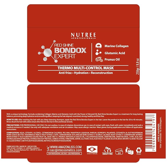 HAIR MASK FOR DAMAGED HAIR Red Shine Color BONDOX HAIR 8.8 oz Depositing Mask Almond Oil Formaldehyde-Free Repairs the Hair Elasticity and Flexibility Softens Moisturizers Marine Seaweed Collagen