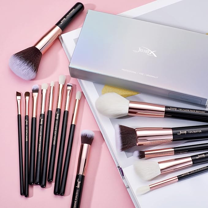 Jessup Makeup Brushes Labeled Makeup Brush Set Premium Synthetic and Natural Hair Foundation Powder Concealer Eyeshadow Blending 15pcs Brush Kit Rose Gold/Black T160