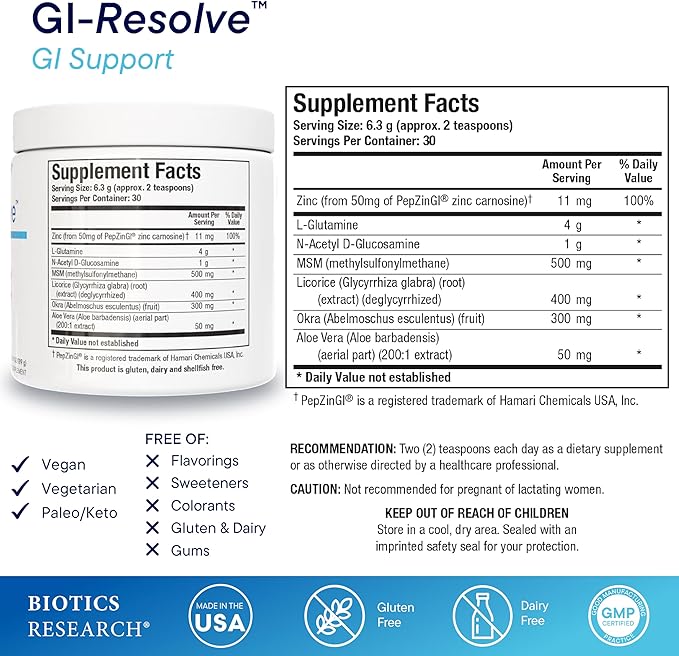 Biotics Research GI Resolve??Advanced L-Glutamine Powder Formula for Gut Lining Support &amp Healing - Optimal Gastrointestinal Function - Premium 7-Ingredient with Zinc Carnosine &amp Botanicals- 6