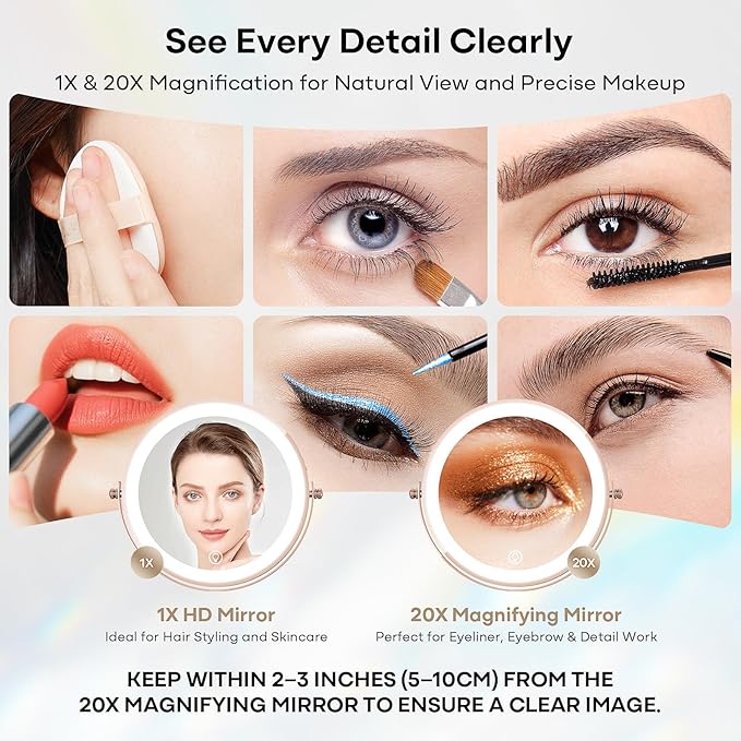Makeup Mirror with Lights 5000 mAh Rechargeable Double Sided Magnifying Vanity Mirror with 3 Colors 1x/20x 360° Rotation  Brightness Adjustable Magnification Lighted Makeup Mirror Women Gift