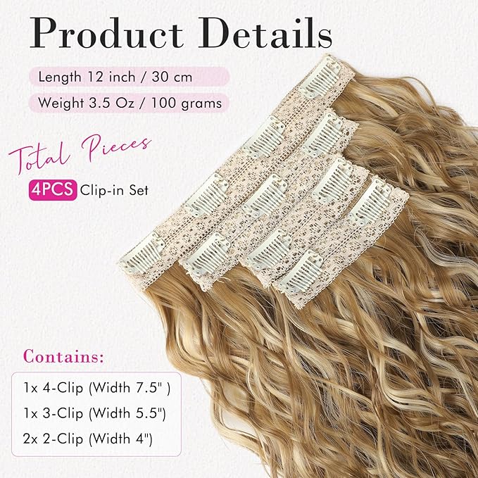 REECHO Clip in Hair Extensions 4PCS Hair Extensions 12 Short Curly Wavy Blonde hair extensions Invisible Lace Weft Natural Soft Hairpieces for Women ? Golden Blonde with Highlights
