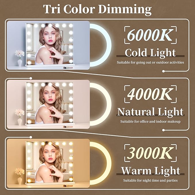 Vanity Mirror with LightsMakeup Mirror with 17 Dimmable LED Bulbs 3 Color Lighting Modes Detachable 10X Magnification Mirror Touch Control 23.6X197 inch White