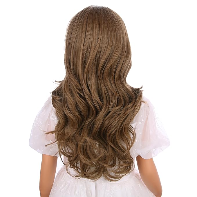 Light Brown Wig for Kids Children Long Light Brown Wavy Curly Wig Girls Long Middle Part Wigs Heat Resistant Synthetic Wigs with Cap