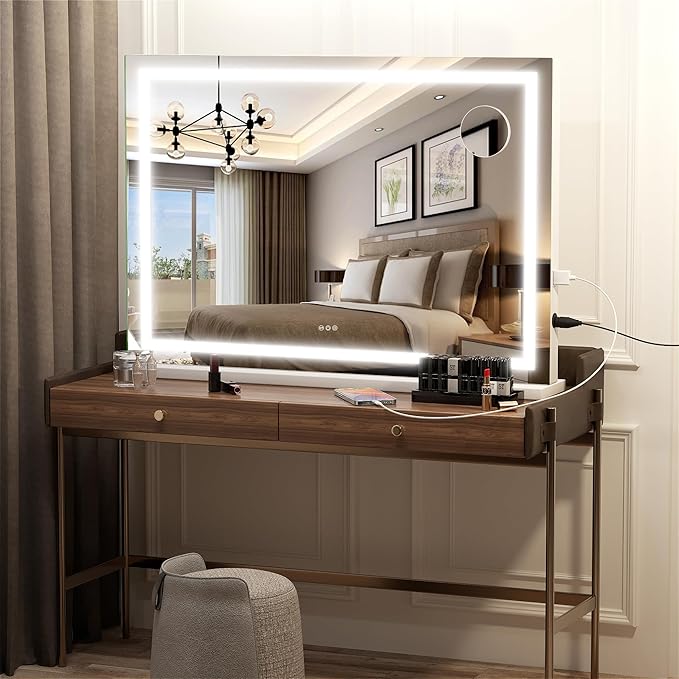 Hasipu Vanity Mirror with Lights 28 x 20 LED Makeup Mirror Lighted Makeup Mirror with Dimmable 3 Modes Touch Screen Control Vanity Mirror Square White