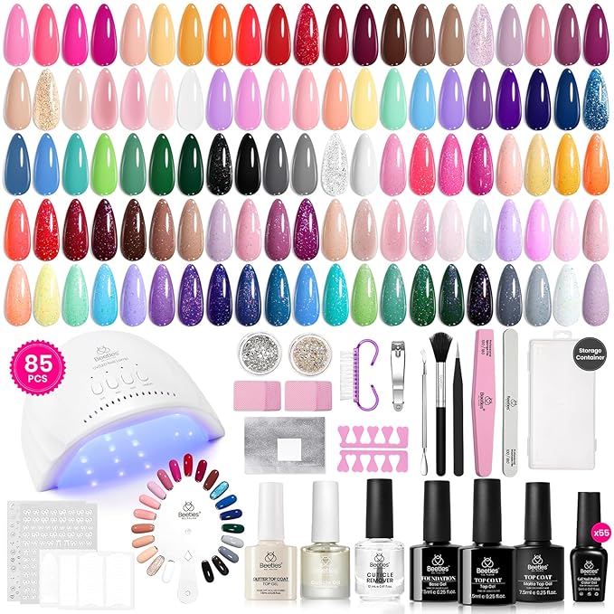 Beetles Gel Nail Polish Kit with U V Light 85Pcs Valentines Day Gift for Women 55 Colors Seasonal Symphony Set with Diamond Decorations &amp Manicure Art Stickers and Tools Soak Off for All Season