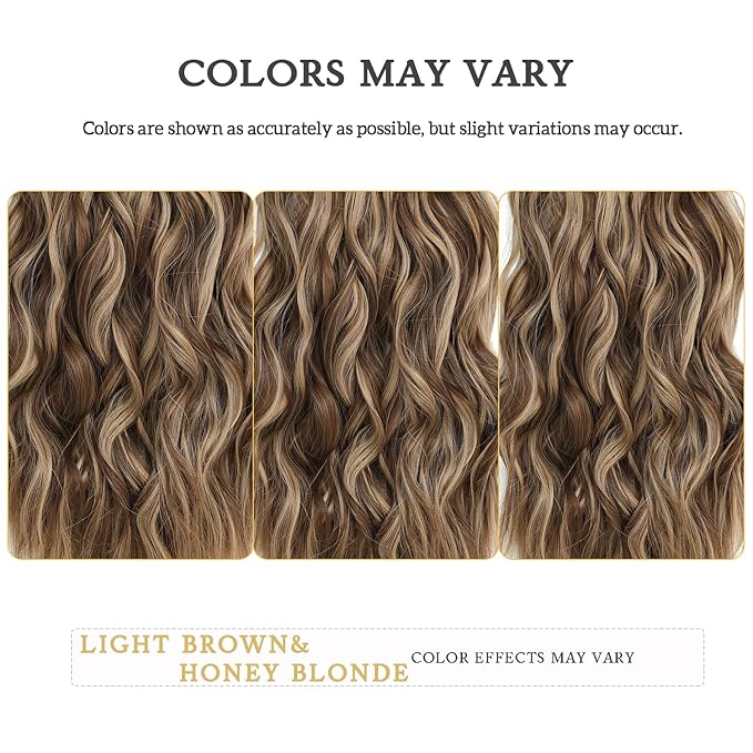 Clip in Long Wavy Synthetic Hair Extensions 20 Inch Light Brown with Blonde Highlights 6PCS Thick Hairpieces Fiber Double Weft Hair for Women