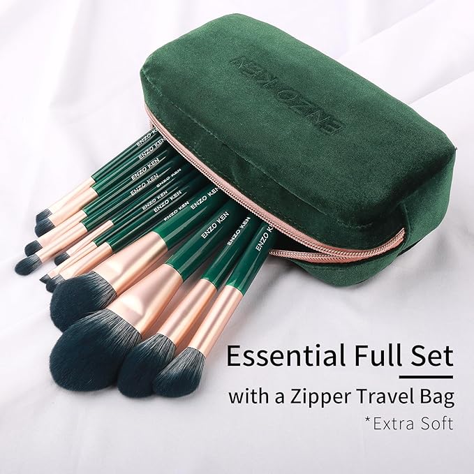 Natural Fiber &amp Goat Hair Makeup Brush Set Professional Combined Hair Makeup Brushes Set with Case by Luxury ENZO KEN Emerald Green Cosmetic Brushes Makeup Set Natural Bristle Makeup Brushes.