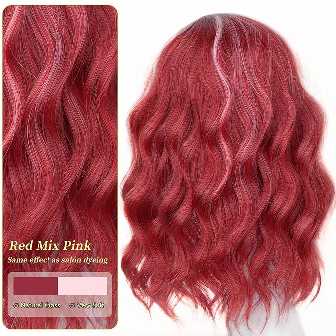 AISI HAIR Red Mix Pink Synthetic Wavy Curly Bob Wig with Bangs Short Wavy Hair for Women Synthetic Heat Resistant Bob Wigs