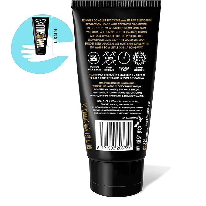 Skinnies 100ml SPF50+ CONQUER Sungel Sun Cream Broad Spectrum Reef Safe Water Resistant 4 hours