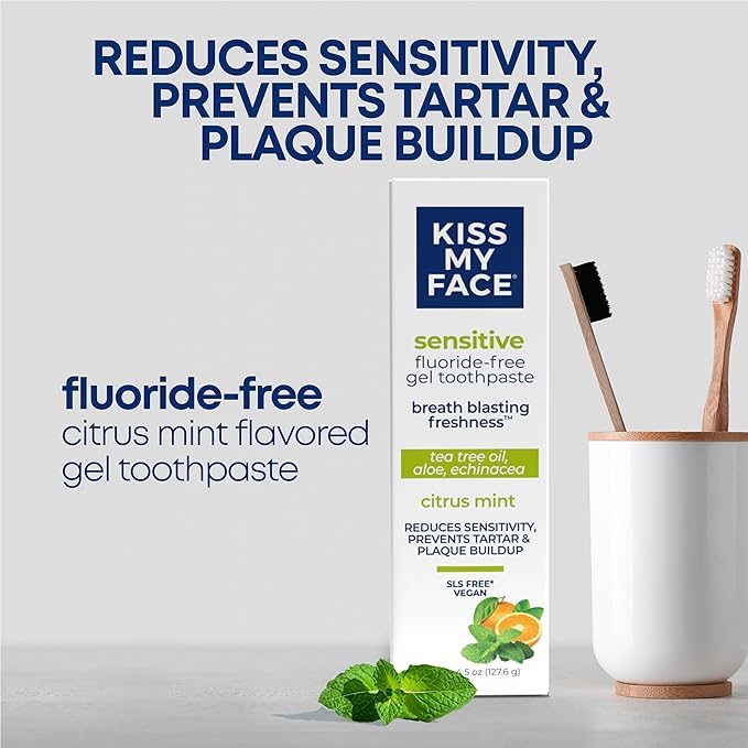 Kiss My Face Sensitive Toothpaste Gel Citrus Mint Gel Protection for Sensitive Teeth and Gums with Tea Tree Oil Aloe and Iceland Moss Fluoride Free Vegan 4.5 oz 6 Pack