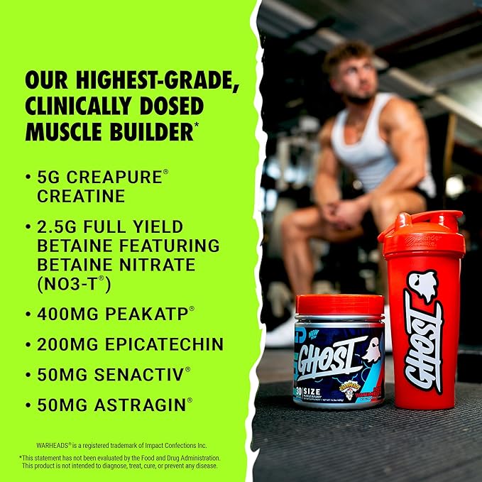 GHOST Size V3 Muscle Builder Dietary Supplement - Warheads Sour Watermelon 30 Servings ? Support Muscle Growth &amp Strength Building for Men &amp Women - Creatine &amp Betaine - Free of Sugar &am