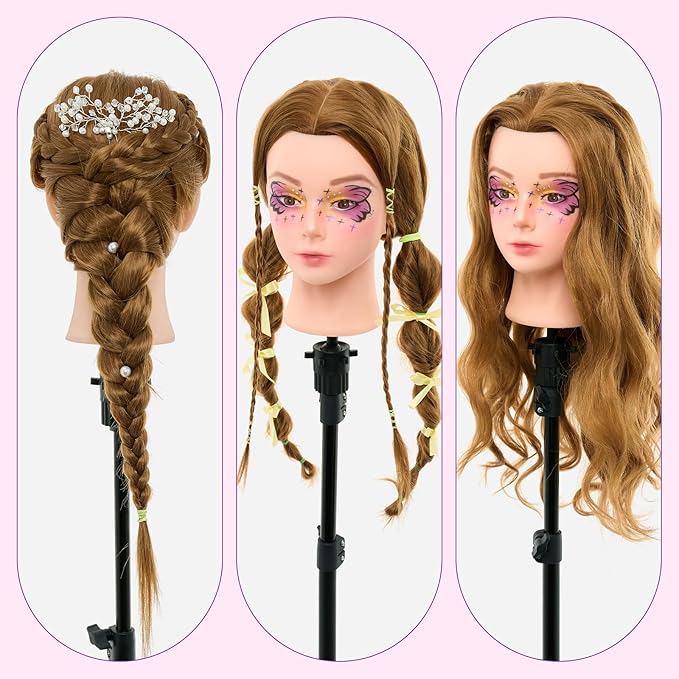 28Inch Mannequin Head with 80% Real Human Hair- Cosmetology Mannequin Head with Hair for Makeup Braiding Curling Cuting Make up Doll head for Styling with Table Clamp Hair Styling Set (Blonde)