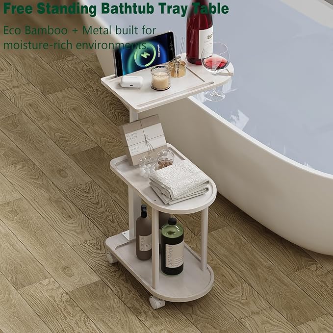 Bamboo 3-Layer Bathtub Tray Stand Freestanding Rotating Caddy with Adjustable Height Decorative Bathroom Shelf &amp Indoor Plant Stand Spa Organizer for Tub Side Use Vintage White