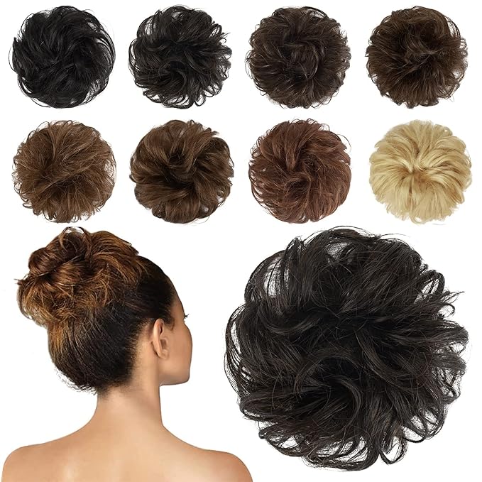 FESHFEN Human Messy Buns - 100% Human Hair Bun Real Scrunchies Hair Pieces Ponytail Extensions Wavy Tousled Updo Chignon Hairpieces for Women Dark Brown