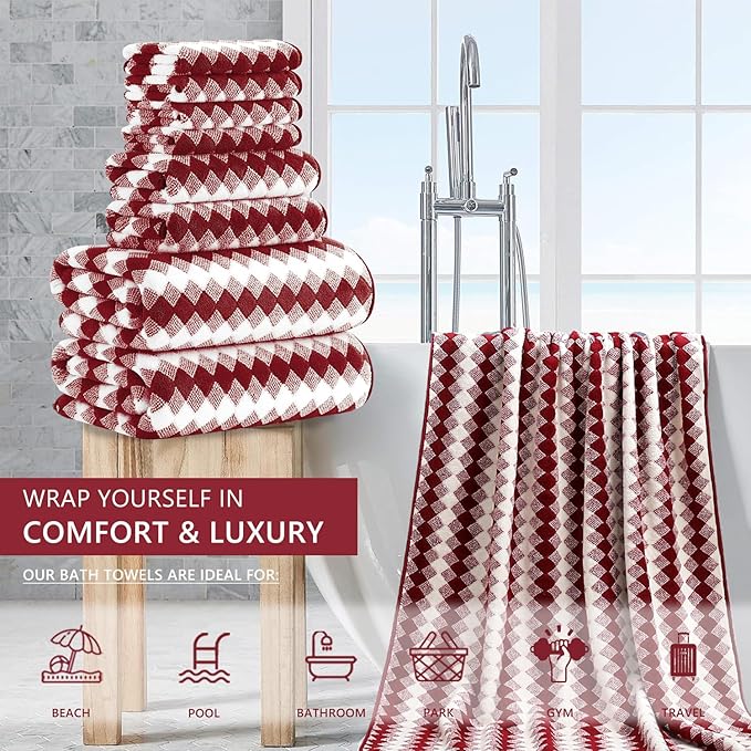 8 Piece Bathroom Towel Set |2 Oversized Bath Towels2 Hand Towels4 Washcloths| 600GSM Soft Hotel Towel Set Large Bath Sheet for BathroomHighly Absorbent Quick Dry Bath Towel CollectionsBurgundy
