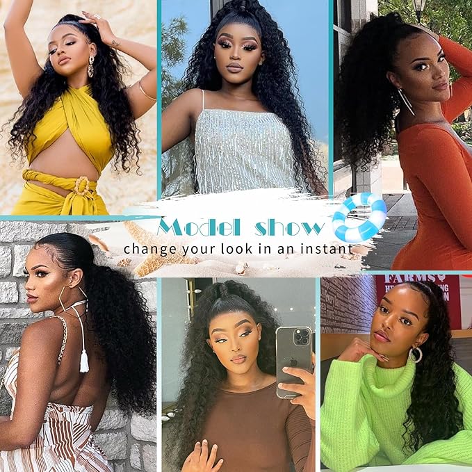 Kalyss Drawstring Ponytail for Black Women Deep Curly Ponytail Extension Synthetic Blended Afro Kinky Curly Pony Tail Hairpieces for Women 27 Inches