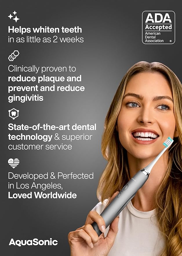 Aquasonic Vibe Series Ultra-Whitening Toothbrush ? ADA Accepted Electric Toothbrush - 8 Brush Heads &amp Travel Case ? 40000 VPM Motor &amp Wireless Charging - 4 Modes w Smart Timer ? Charcoal Meta
