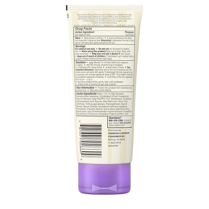 Aveeno Baby Continuous Protection Zinc Oxide Mineral Sunscreen Lotion for Sensitive Skin Broad Spectrum SPF 50 Tear-Free Sweat- &amp Water-Resistant Paraben-Free Non-Greasy 7 fl. oz