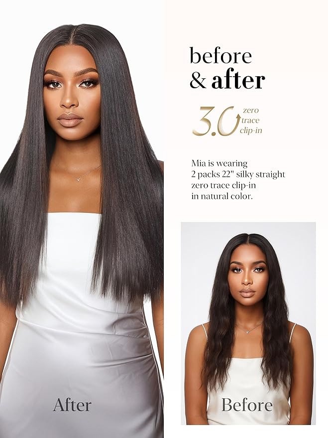 LUVME 0.59mm Zero Trace Invisible Clip in Hair Extensions Yaki Straight 6 Pcs 100g 22 Inch 100% Real Human Hair Clip Ins Zero Trace Wide Wefts Fast Clip In Routine for Office &amp Special Events