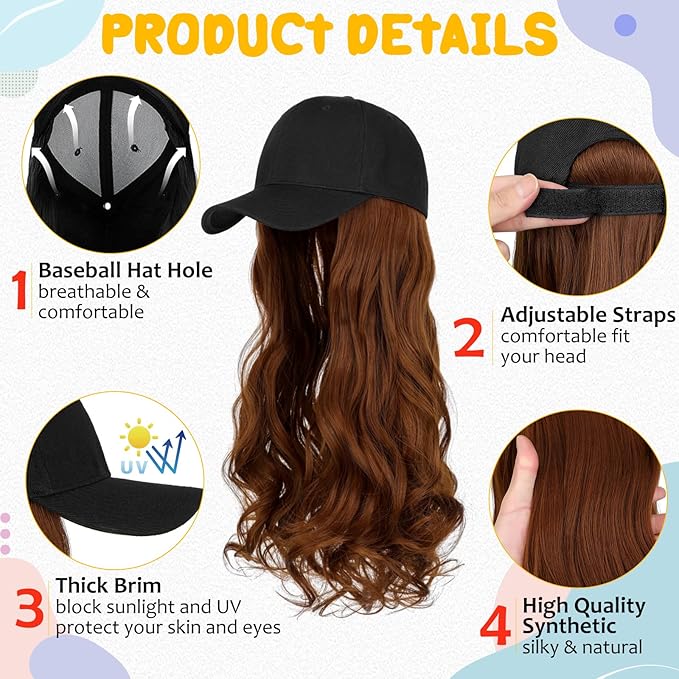 Baseball Hat WigHat with Hair attached 24'' Adjustable Black Cap with Long Wavy Synthetic Hair Extensions for Women Girls(Light Auburn)