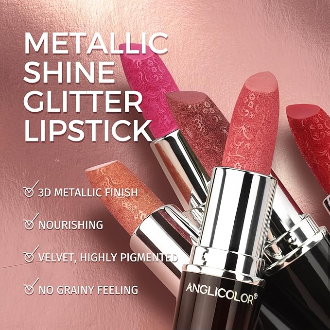 Anglicolor Metallic Glitter Pink Plum Brown Lipstick High Impact LipcolorMoisturizing Creamy FormulaLipstick For WomenSmooth and Non-StickyFull-Coverage Lip Color (#C 20g)