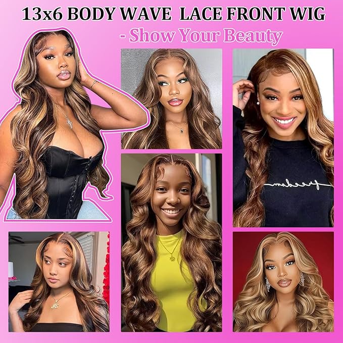 Highlight Wig Human Hair 13x6 Body Wave Lace Front Wigs Human Hair Ombre Wear and Go Glueless Pre Cut Full Frontal Lace Wig for Women 180 Density Virgin Hair Wigs 4/27 Colored 20 inch