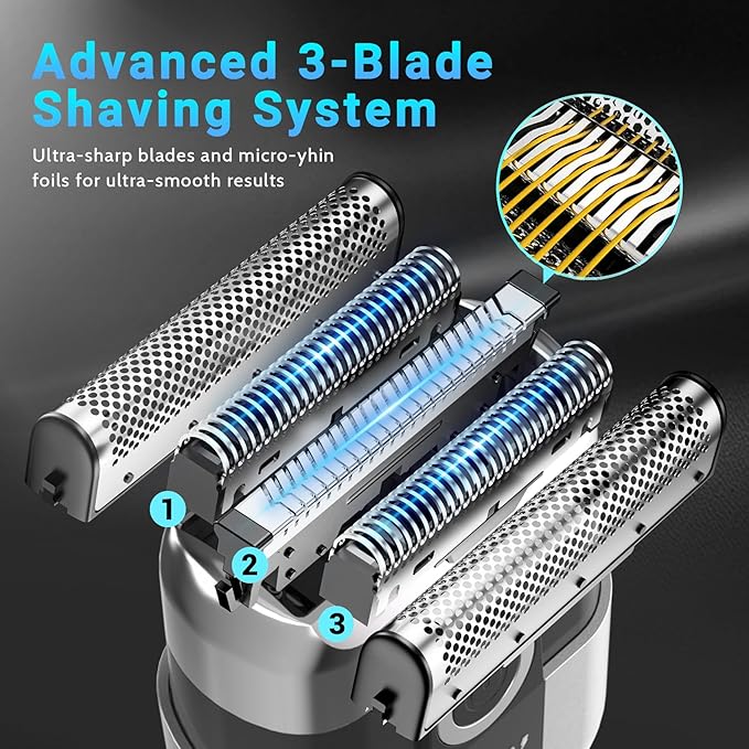 Electric Foil Shavers for Men: Mini Electric Razor Foil Shaver for Face IPX7 Waterproof Wet Dry Cordless Razor with 3 Floating Blades LED Display for Travel &amp Home USB Type C