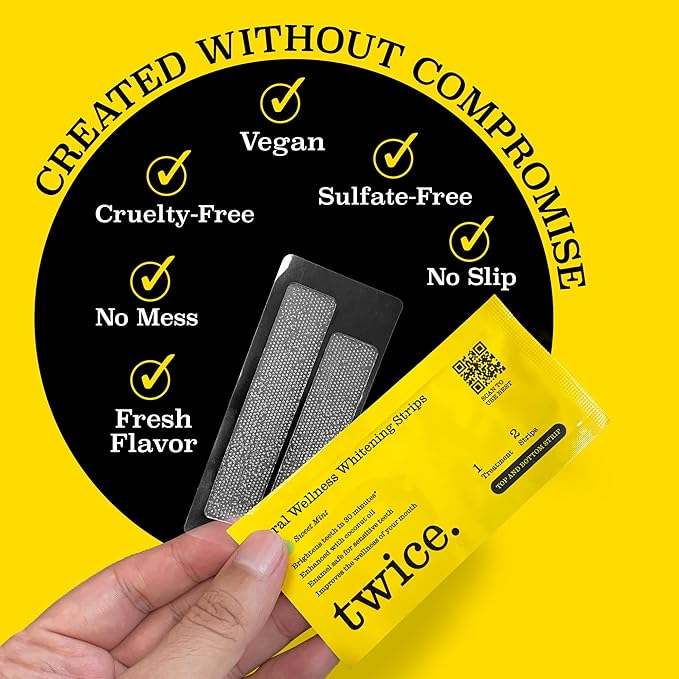 Twice Twice Teeth Whitening Strips ? 20-Day Treatment 30-Mins Quick Whitening No-Slip Mess Free Easy to Use Sweet Mint Flavor Vegan Gentle Whitening Designed with Care for a Brighter Smile